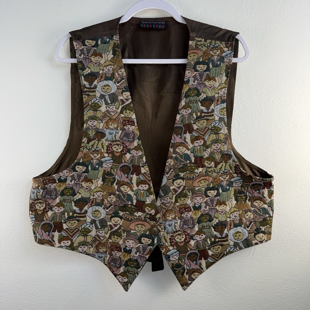 Vintage Special Thyme Ltd Tapestry Vest Women Boho Folk Art Button Back Tie Sz M